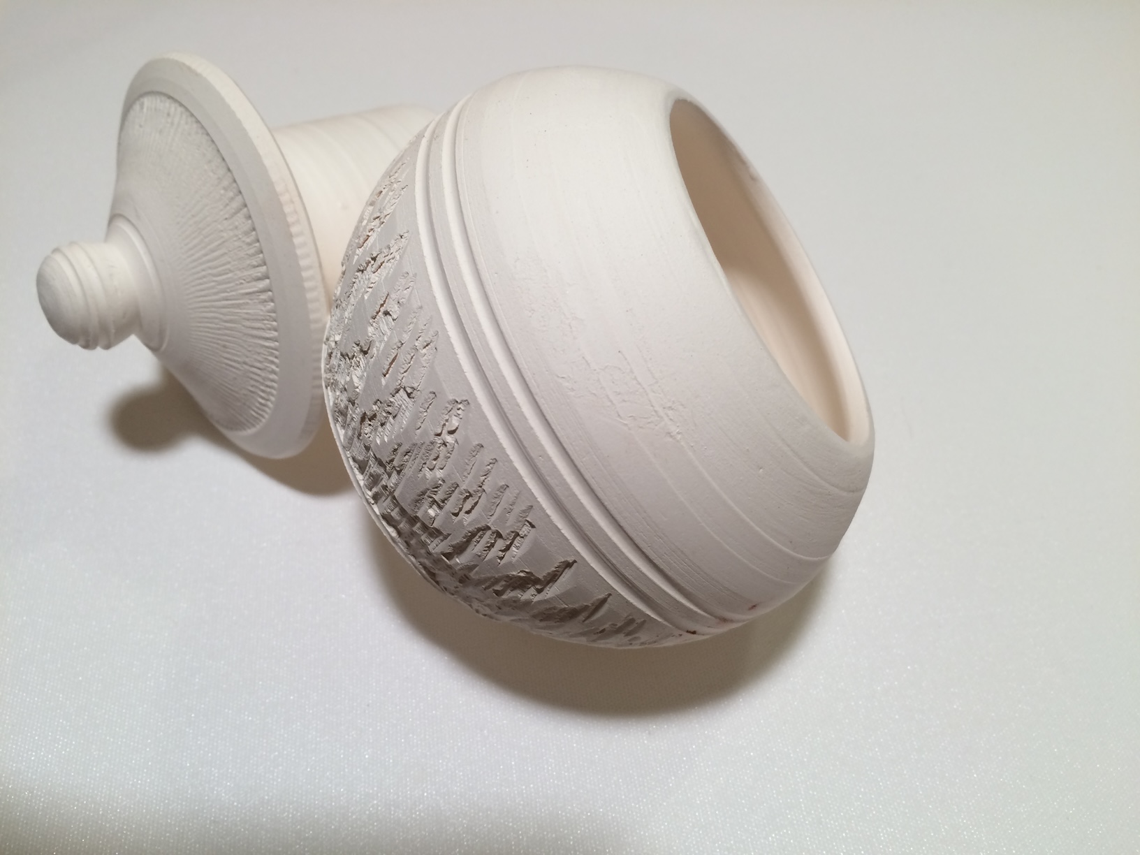 Textured French butter dish 2, side detail, unglazed, porcelain