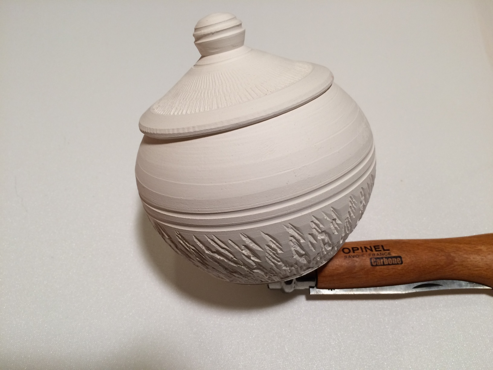 Textured French butter dish 1, with lid installed, unglazed, porcelain