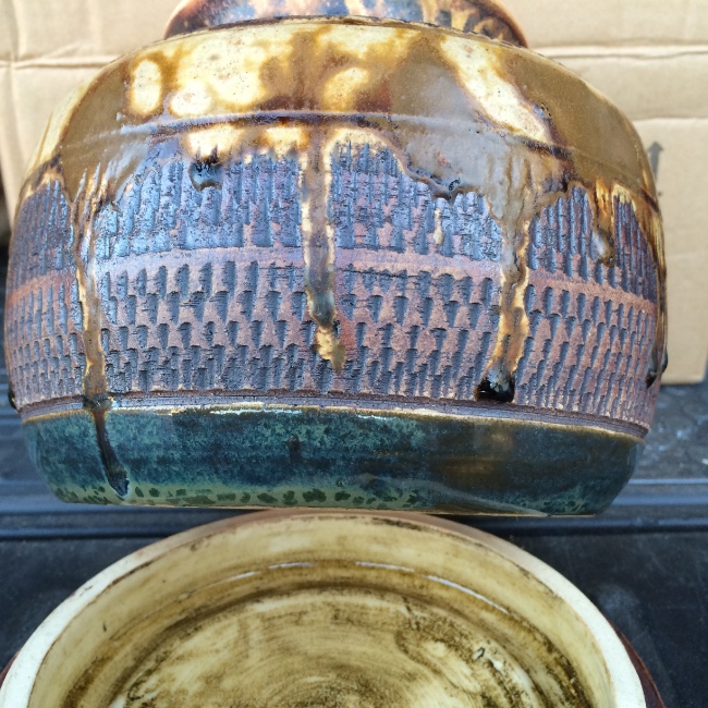 Lidded ceramic jar - side texture & glaze (iron oxide, ash glaze)