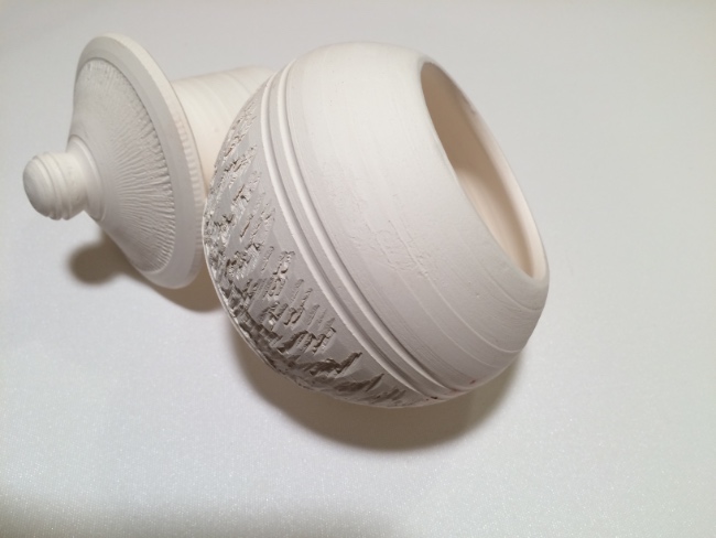 Textured French butter dish 2, side detail, unglazed, porcelain