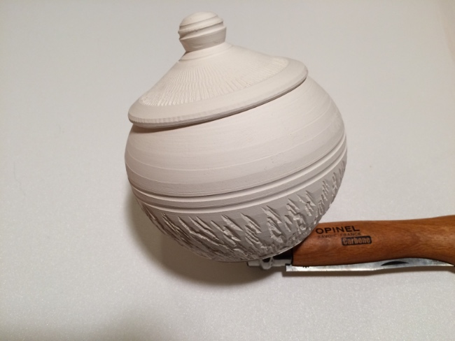 Textured French butter dish 1, with lid installed, unglazed, porcelain